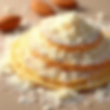 The Unique Texture of Almond Flour A close-up of almond flour as an ingredient for pancakes, showcasing its texture