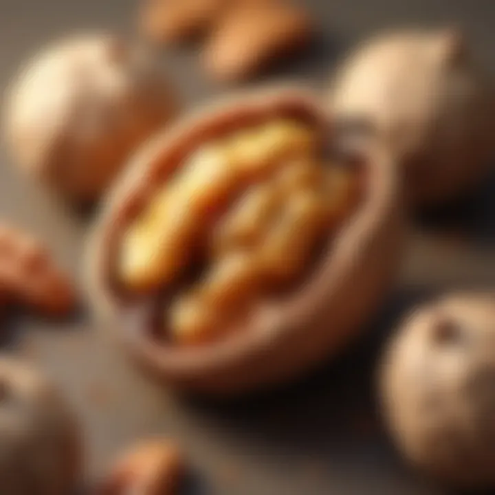 A close-up of a walnut highlighting its intricate shell and kernel