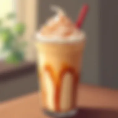 Close-up view of a Caramel Frappuccino topped with whipped cream and drizzled caramel