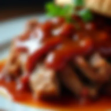 A close-up of pulled pork with a glossy barbecue sauce