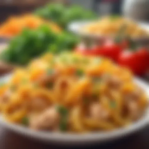 A colorful spread of various ingredients for tuna noodle casserole.