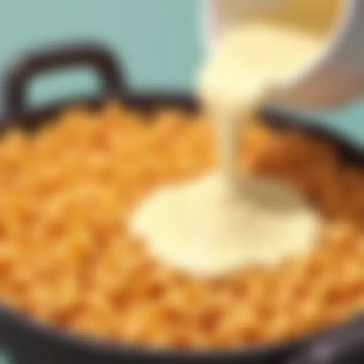 A close-up of creamy sauce being poured into the casserole mix.