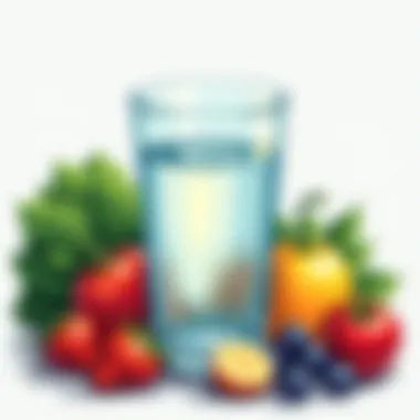 A glass of water surrounded by fresh ingredients promoting hydration