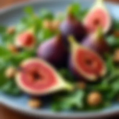 A close-up of figs being incorporated into a vibrant salad with greens and nuts.