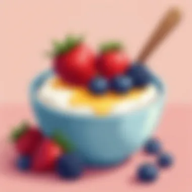 A bowl of Greek yogurt topped with fresh berries and a drizzle of honey