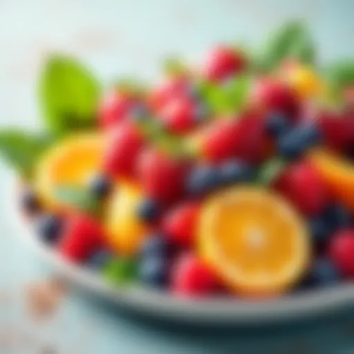 A vibrant platter of colorful fruit salad featuring seasonal berries and citrus for Easter breakfast.