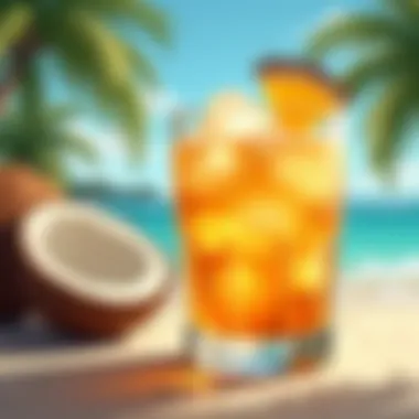 Close-up of a crystal-clear glass filled with Bahama coconut rum, showcasing its golden hue