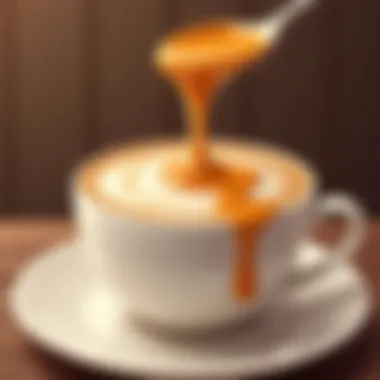 A close-up of caramel drizzling over a creamy cappuccino, highlighting its delectable sweetness