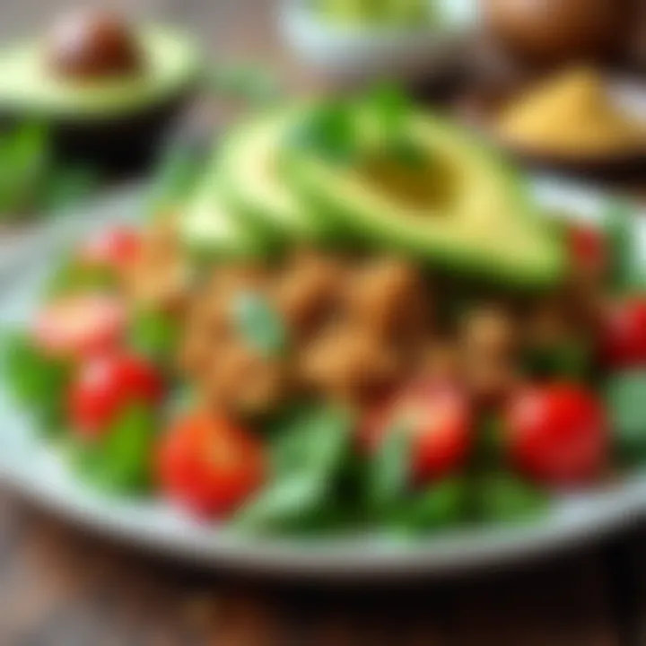 A healthy salad featuring ground chicken, avocado, and mixed greens