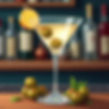 Close-up of a classic vodka martini with olives, highlighting its elegance