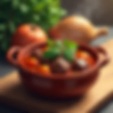 A rustic bowl of hearty beef stew with fresh herbs garnished on top