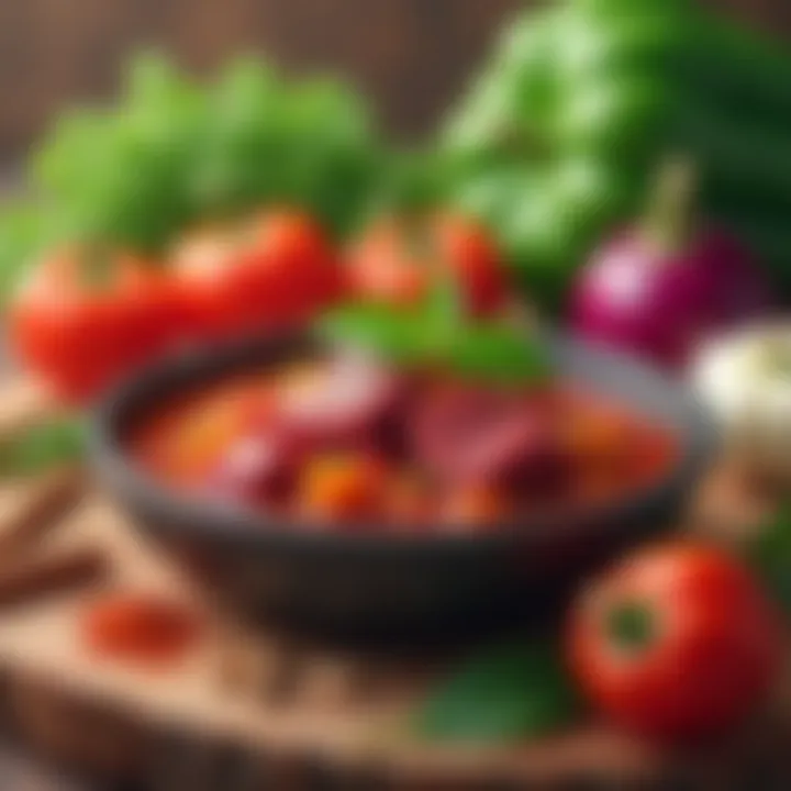 Ingredients laid out for making traditional beef stew, highlighting fresh produce and spices