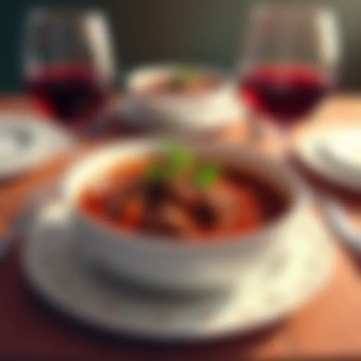 A beautifully set table featuring a bowl of beef stew alongside a glass of red wine