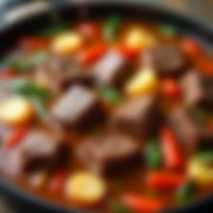 Close-up of tender beef pieces simmered with vegetables in a rich broth