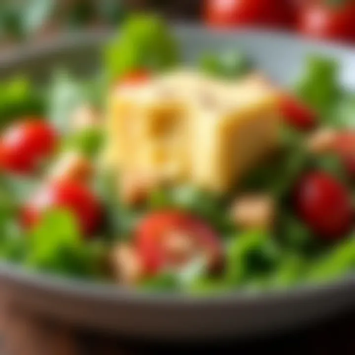 A close-up of farmer's cheese being crumbled over a vibrant salad.