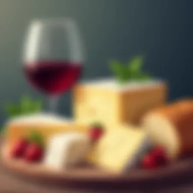 An assortment of French cheeses next to a glass of red wine and fresh baguette