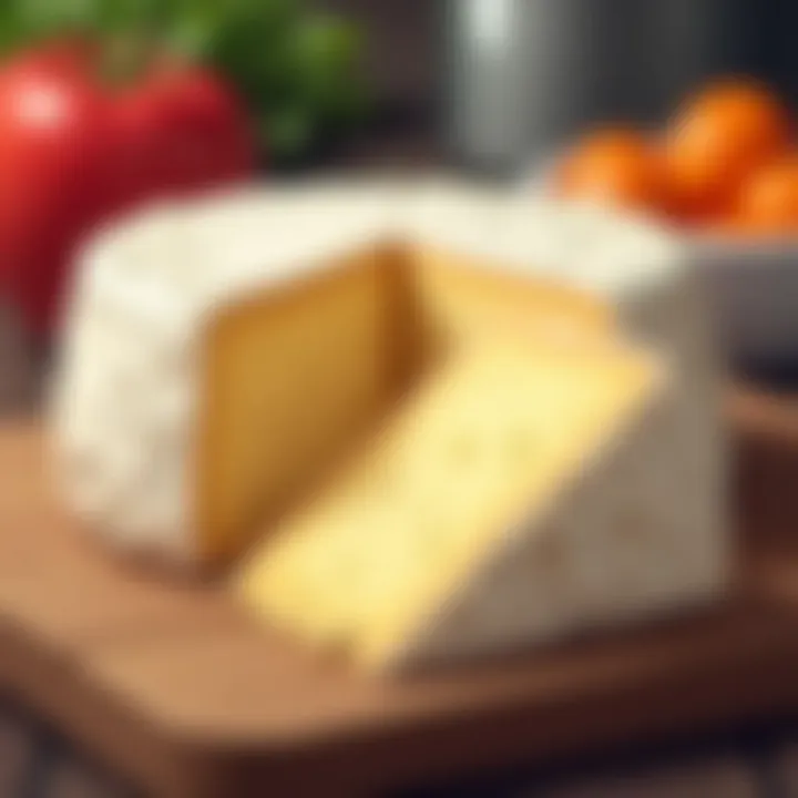 A close-up of a wheel of creamy Brie cheese on a rustic table