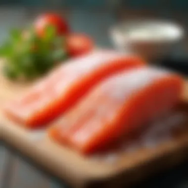 Close-up of frozen branzino fillets on a cutting board