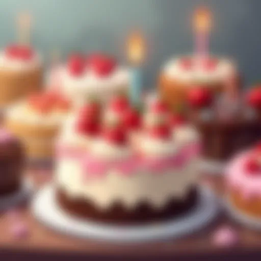 An elegant display of various grocery store birthday cakes showcasing unique designs.