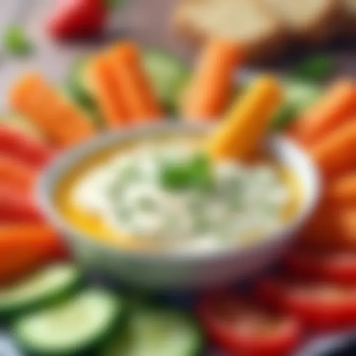 Healthy mozzarella dip served with colorful vegetable sticks