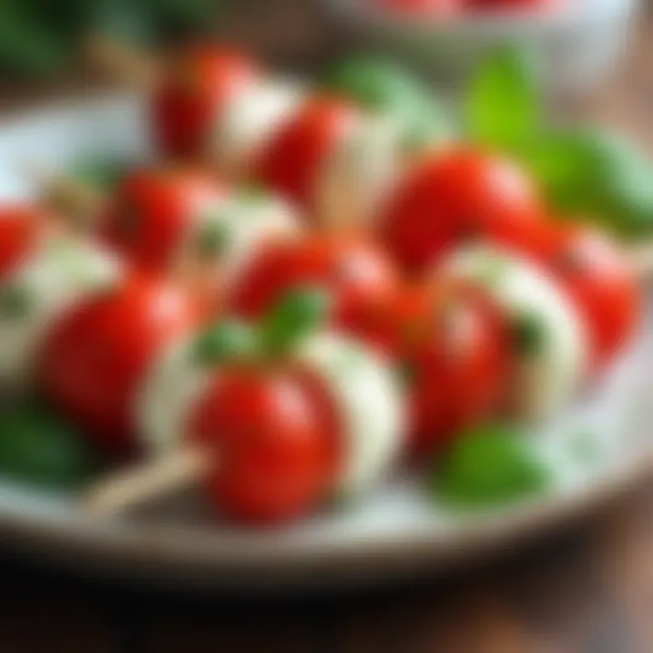 Delicious mozzarella and tomato skewers with basil