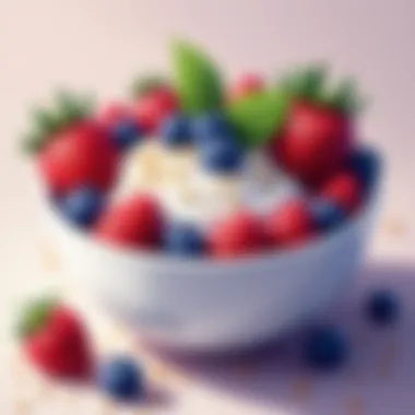 A close-up of a bowl filled with Greek yogurt topped with berries and seeds