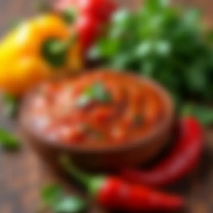 Close-up of fresh ingredients used in Qdoba's Habanero Salsa including peppers and herbs.