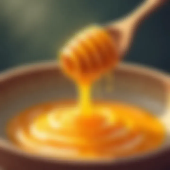 Golden drizzles of Manuka honey on a wooden spoon