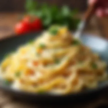 A rustic view of handcrafted fettuccine with a creamy Alfredo sauce.