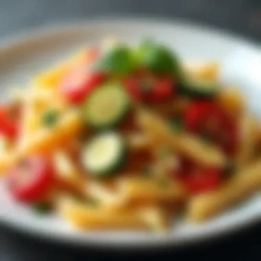 An elegant dish featuring penne pasta topped with a medley of seasonal vegetables.