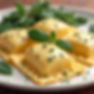 A close-up of ravioli stuffed with ricotta and herbs, drizzled with sage butter.