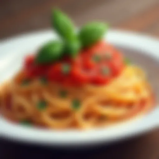 A beautifully plated bowl of spaghetti with vibrant tomato sauce and fresh basil.