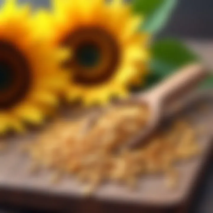 Sunflower seeds scattered on a wooden surface with a rustic backdrop