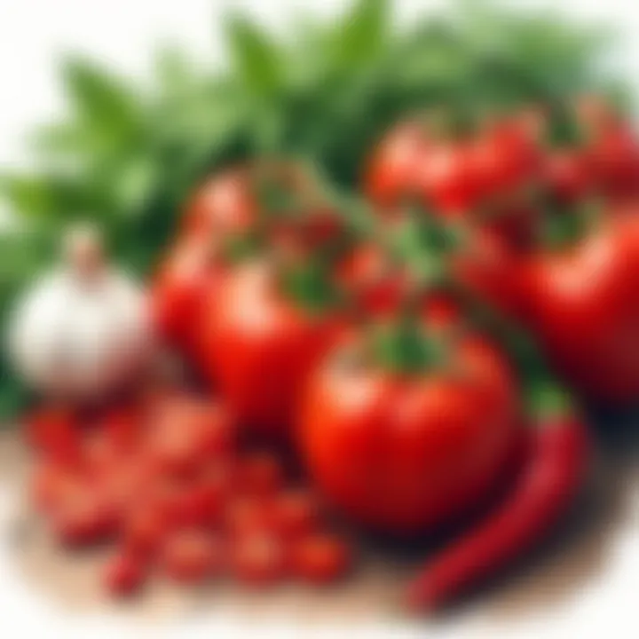 An array of fresh ingredients used in arrabiata sauce including tomatoes, garlic, and chili peppers