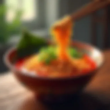 An artistic presentation of finished spicy sesame ramen in a rustic setting