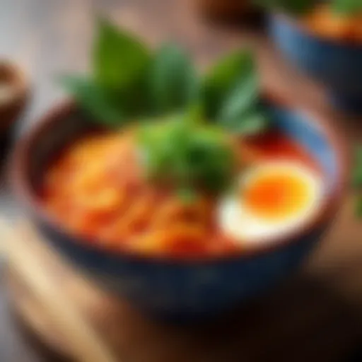 A close-up of a vibrant bowl of spicy sesame ramen topped with fresh herbs and chili flakes