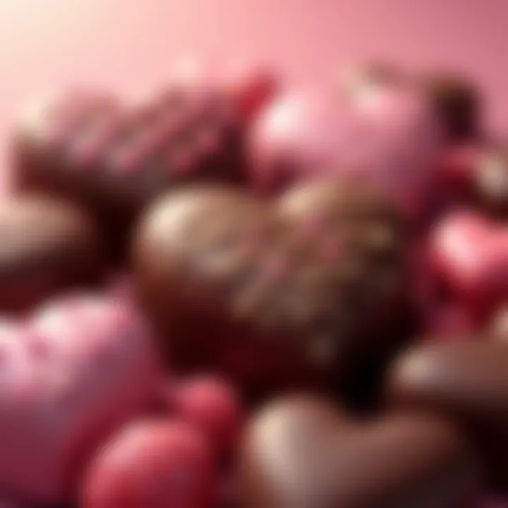 A close-up of a beautifully arranged assortment of chocolates shaped like hearts.