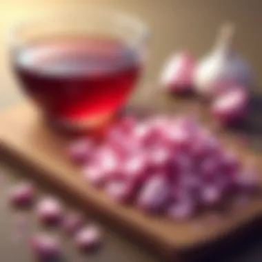 Close-up of freshly chopped star garlic beside a bowl of red wine vinegar