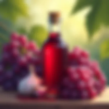 Red Wine Vinegar and Its Grapes Bottle of red wine vinegar with lush grapes in the background