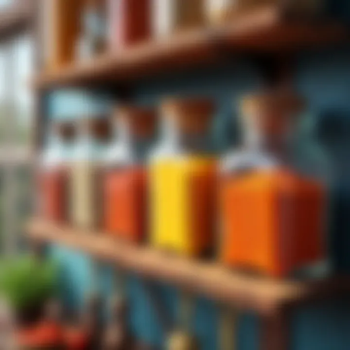 Close-up of beautifully arranged spices in decorative jars on a rustic wall rack