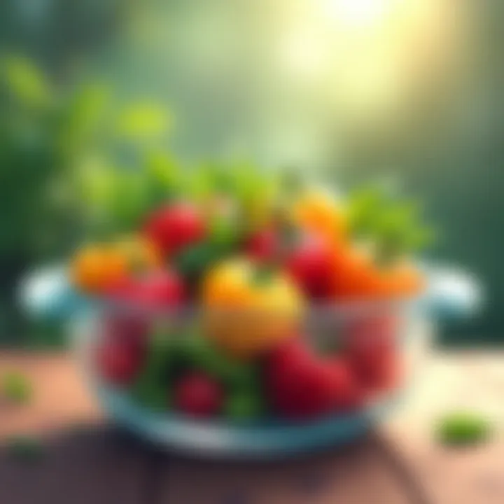 Close-up of a glass dish filled with vibrant, fresh ingredients emphasizing health.