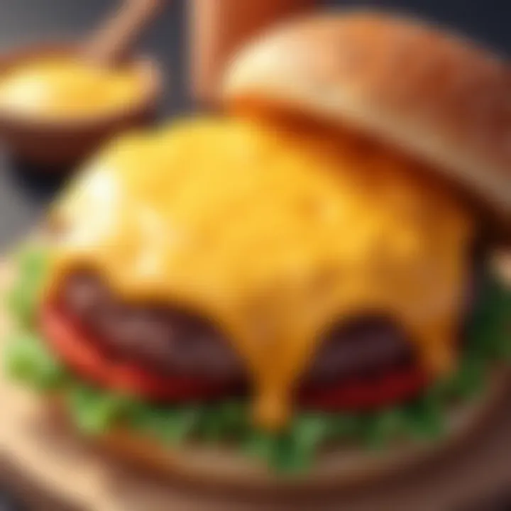 An enticing close-up of Velveeta cheese dip draped over a fresh hamburger