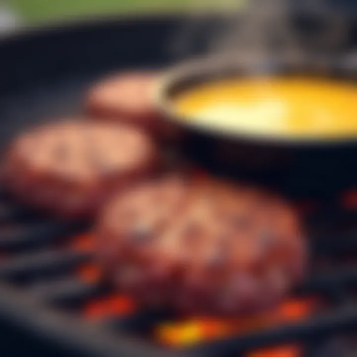 Juicy hamburger patties sizzling on the grill next to a bowl of Velveeta cheese dip