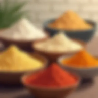 A variety of wheat-free flours displayed in bowls.