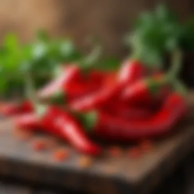 A close-up of spicy chili peppers on a rustic wooden table