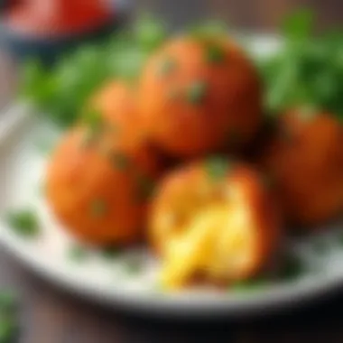 A gourmet presentation of mac and cheese balls garnished with fresh herbs.