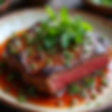 Artisan beef dish garnished with fresh herbs