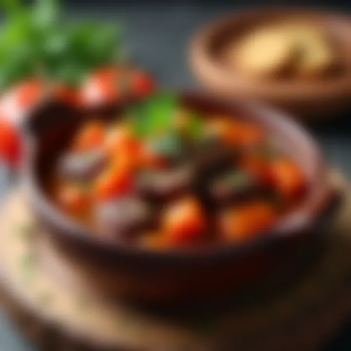 Savory beef stew served in a rustic bowl