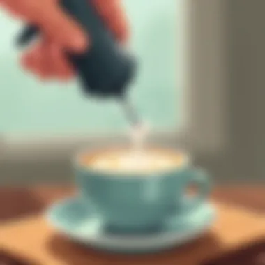 Close-up of the mini mixer frothing milk in a cup