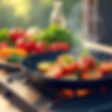 An elegant kitchen setup with a grill pan and fresh vegetables ready to grill.